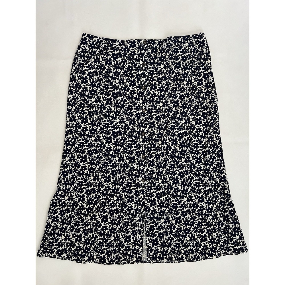Floral Button Front Midi Skirt Plus Sz 2X 3X Navy White A Line Cottagecore Boho